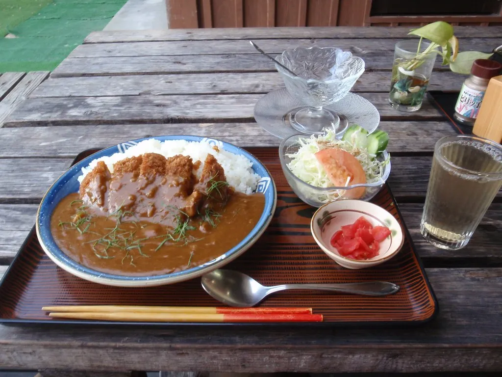 Curry-Reis mit einer gebratenen Cutlet fotografiert auf Taketomi Island.