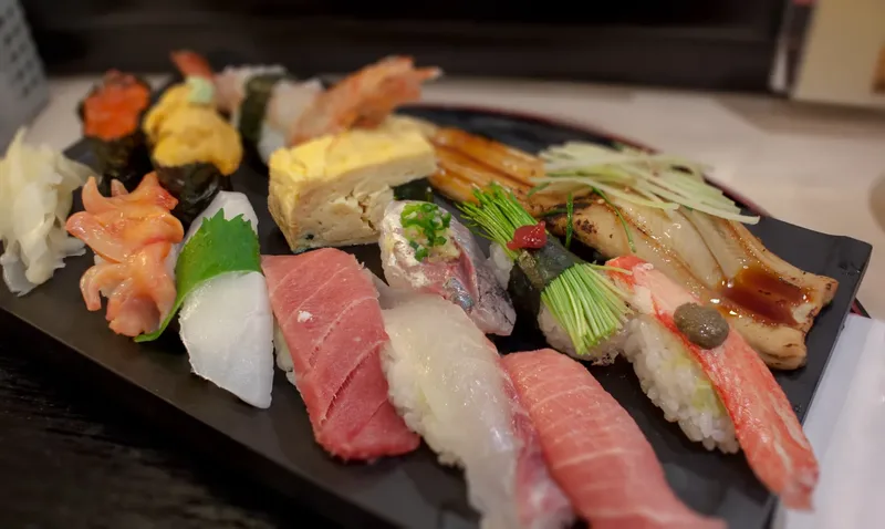 An assortment of sushi photographed in Tsukiji, Tokyo.