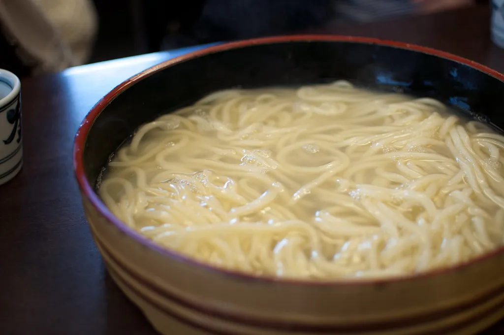 Tarai udon serveret i en træbalje; et illustrativt madfotografi.
