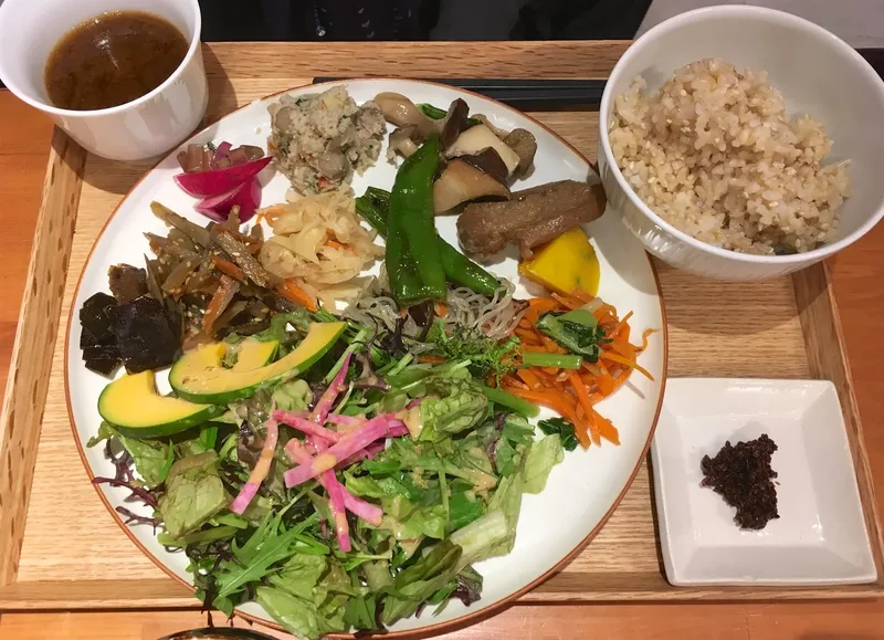A plant-focused meal arranged with rice and vegetable side dishes on a tray.