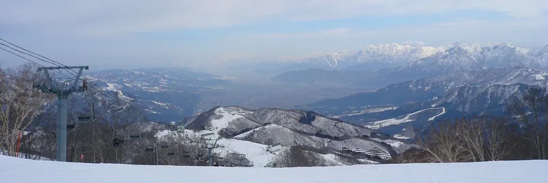 Snow-covered mountains near GALA Yuzawa in Echigo-Yuzawa.