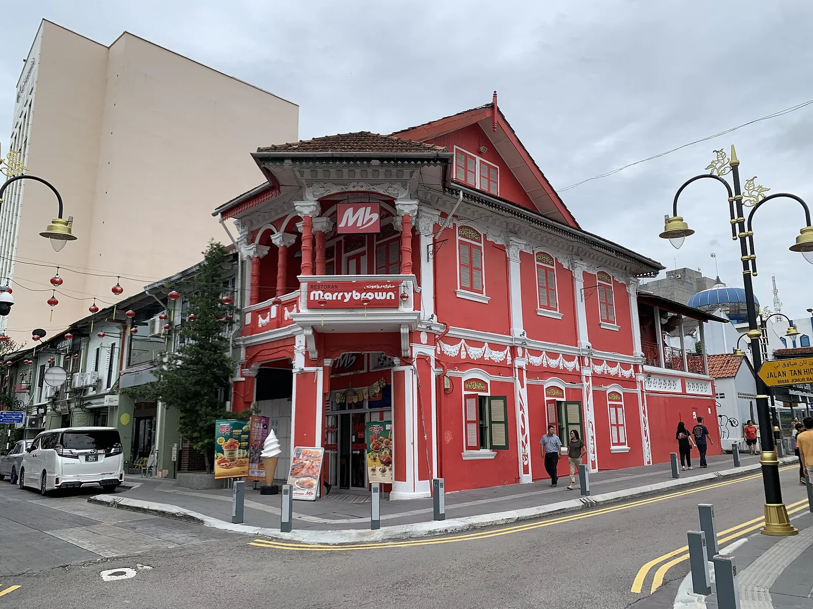 Red corner building and heritage streets at Jalan Tan Hiok Nee in Johor Bahru