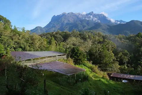Hora Kinabalu nad zemědělskými přístřešky poblíž Kundasangu