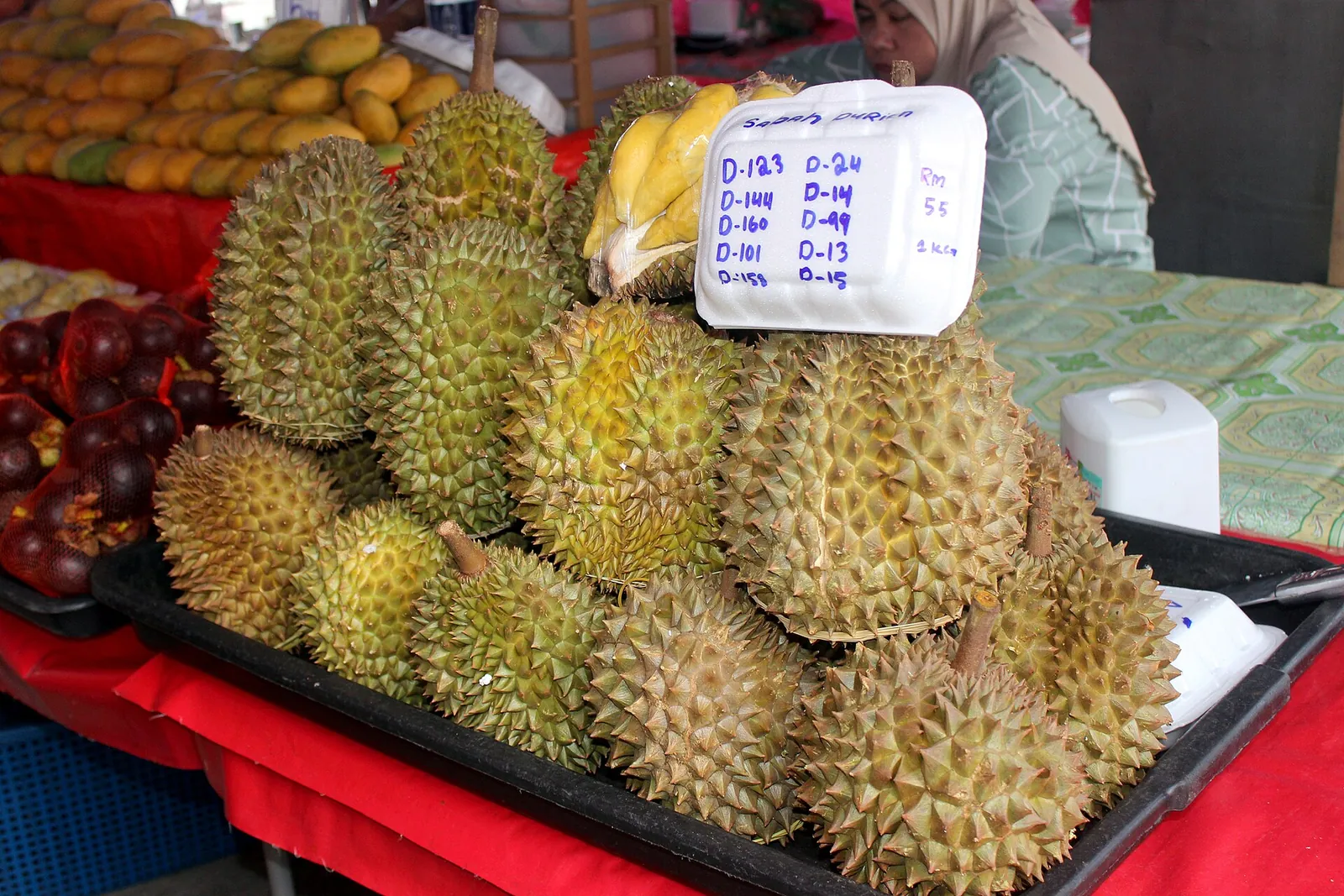 Durian fruit displayed at a market in Kota Kinabalu