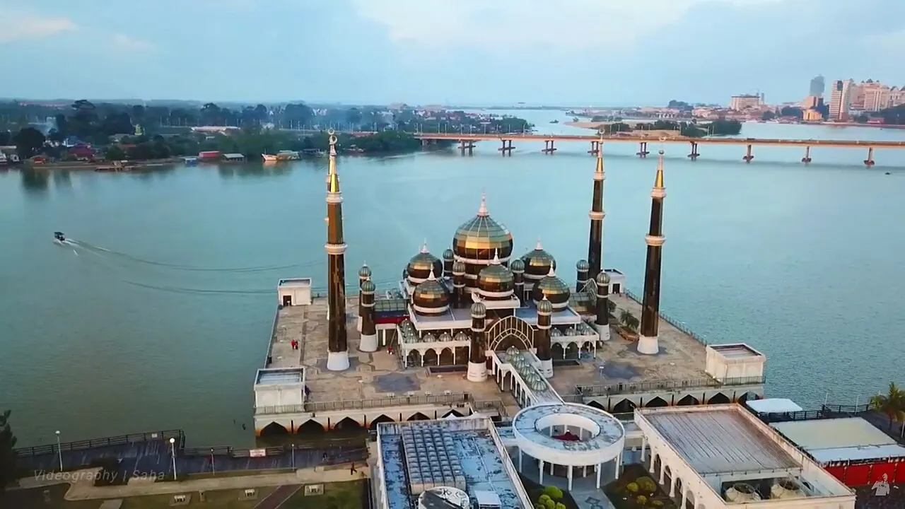 Crystal Mosque beside the river in Kuala Terengganu seen from above