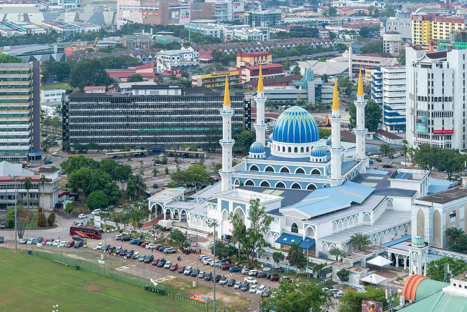 Blue-domed Sultan Ahmad Shah State Mosque and surrounding central Kuantan buildings