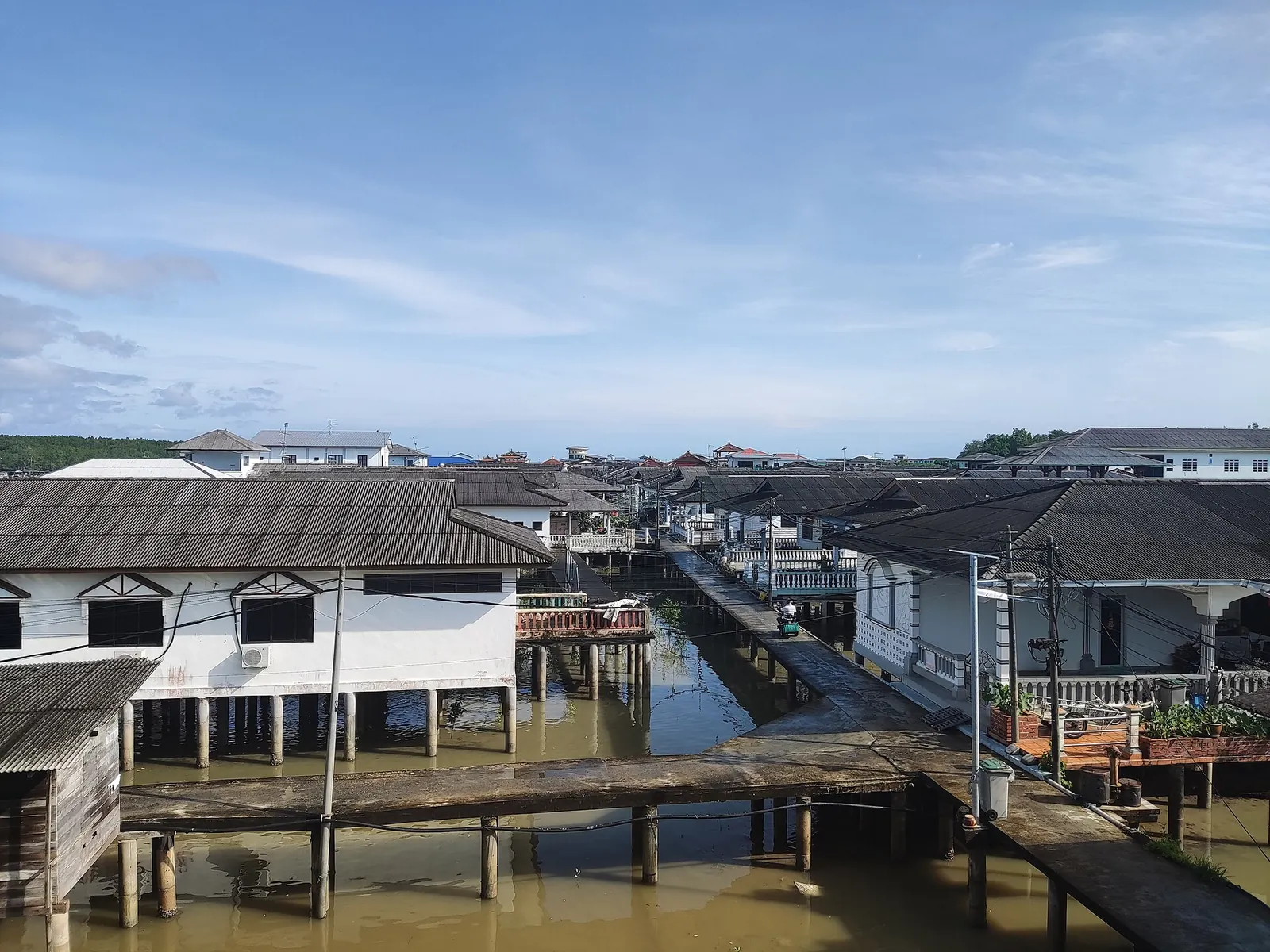 Stilt houses and raised walkways above tidal water in Kukup Laut