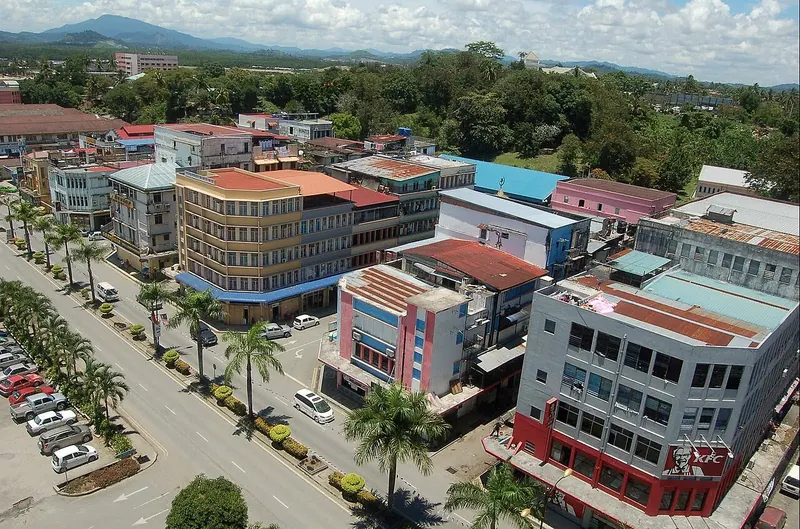 Colourful buildings and streets seen from above in Lahad Datu
