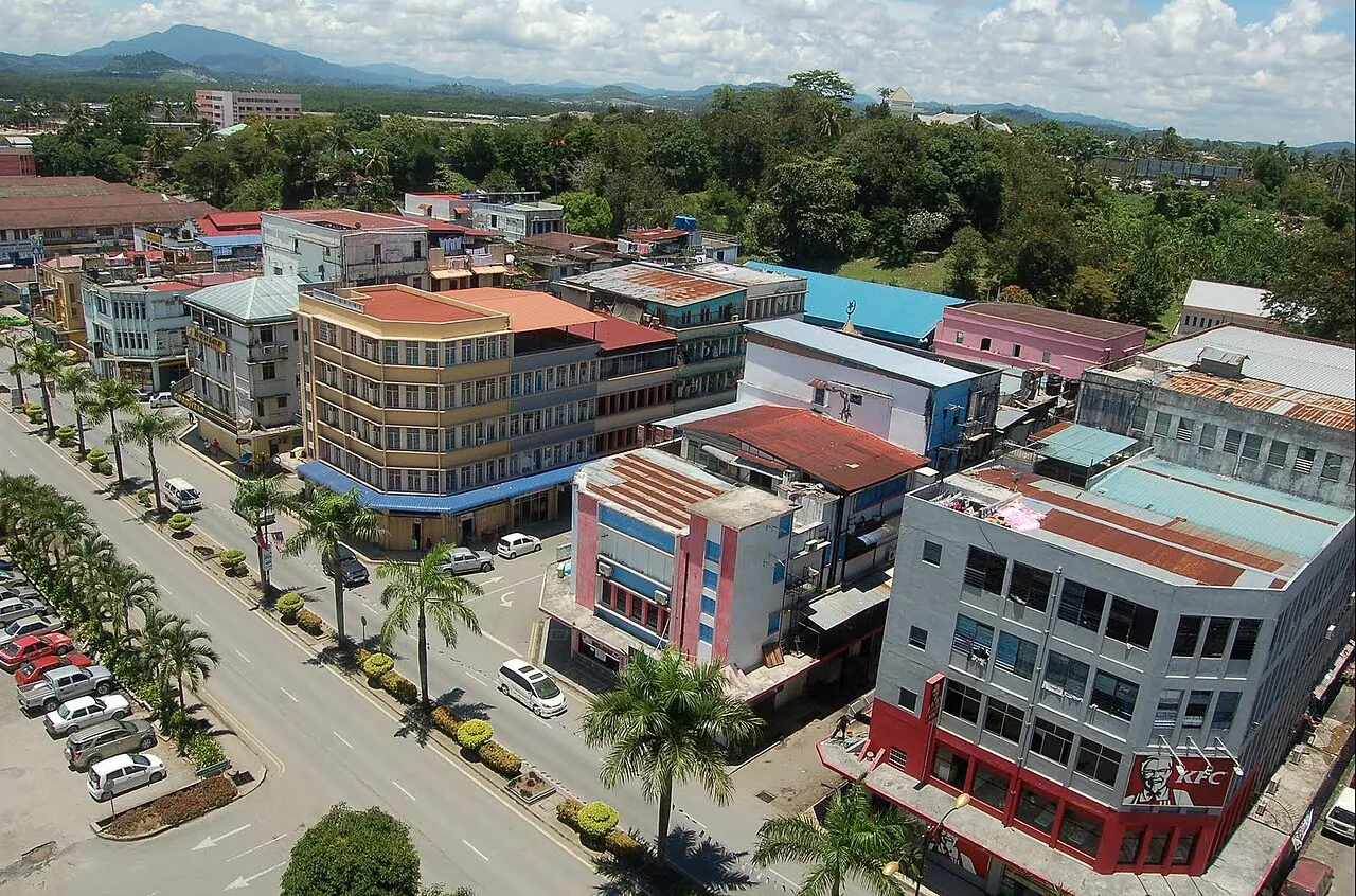 Colourful buildings and streets seen from above in Lahad Datu