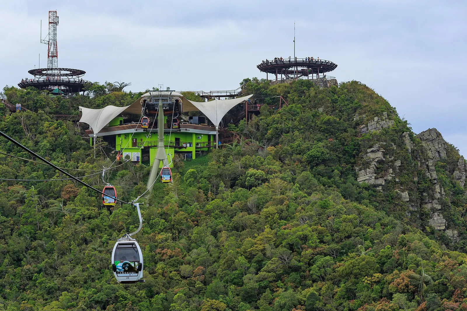 Cable cars and hilltop station above rainforest in Langkawi