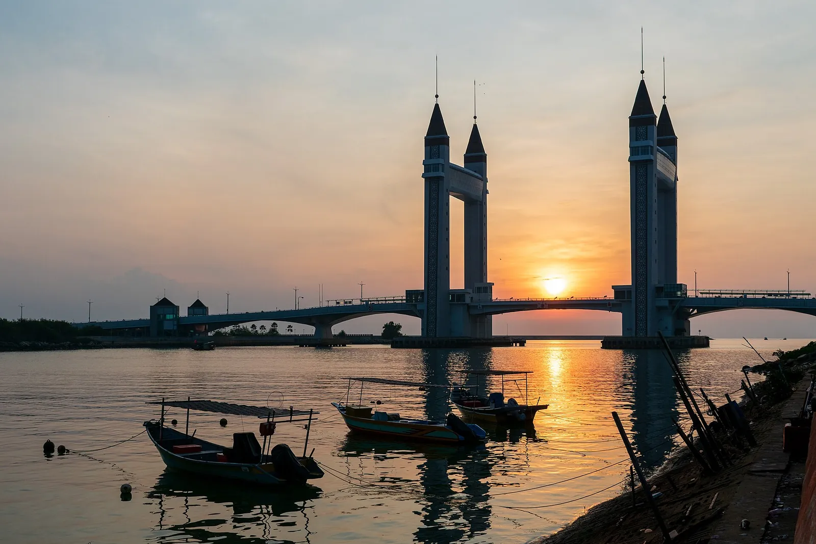 Sunrise between the towers of Kuala Terengganu Drawbridge