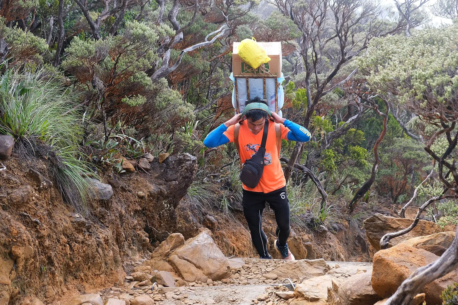 Nosič se zásobami na stezce Mount Kinabalu