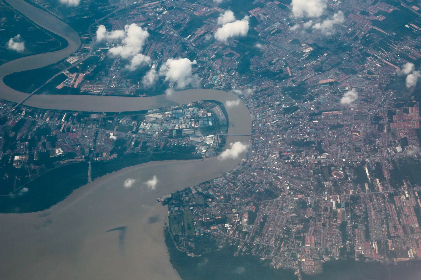 Aerial view of Muar town and the broad river mouth
