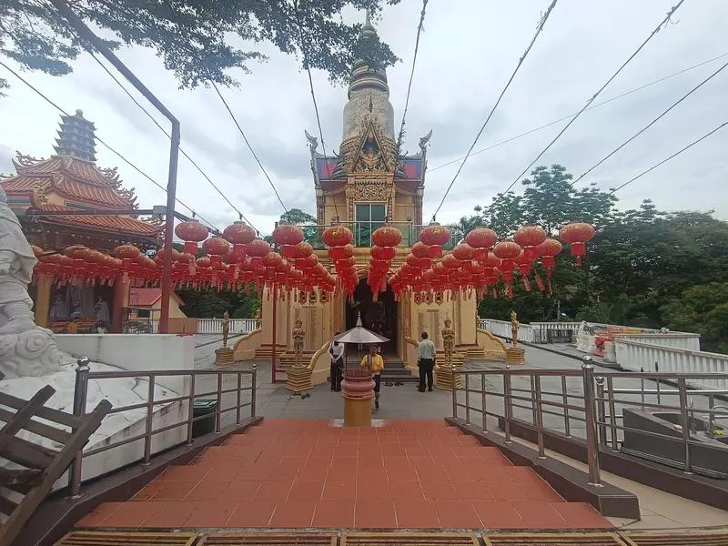 Red lanterns and an ornate shrine at Wat Chetawan in Petaling Jaya