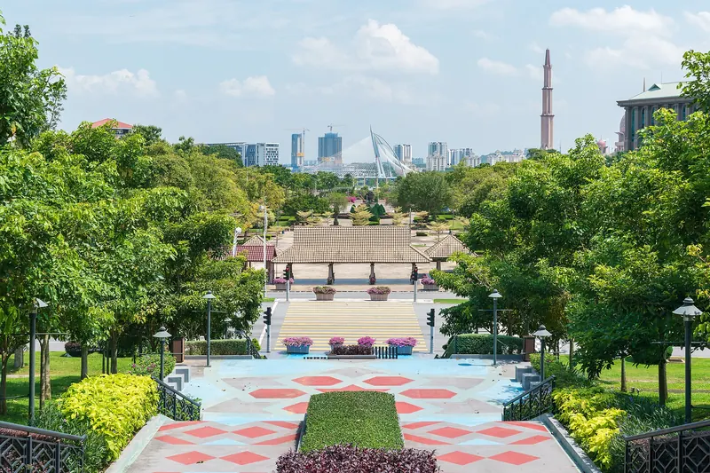 Colorful steps and gardens looking towards the center of Putrajaya
