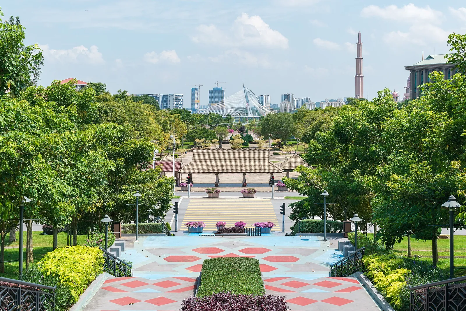 Colorful steps and gardens looking towards the center of Putrajaya