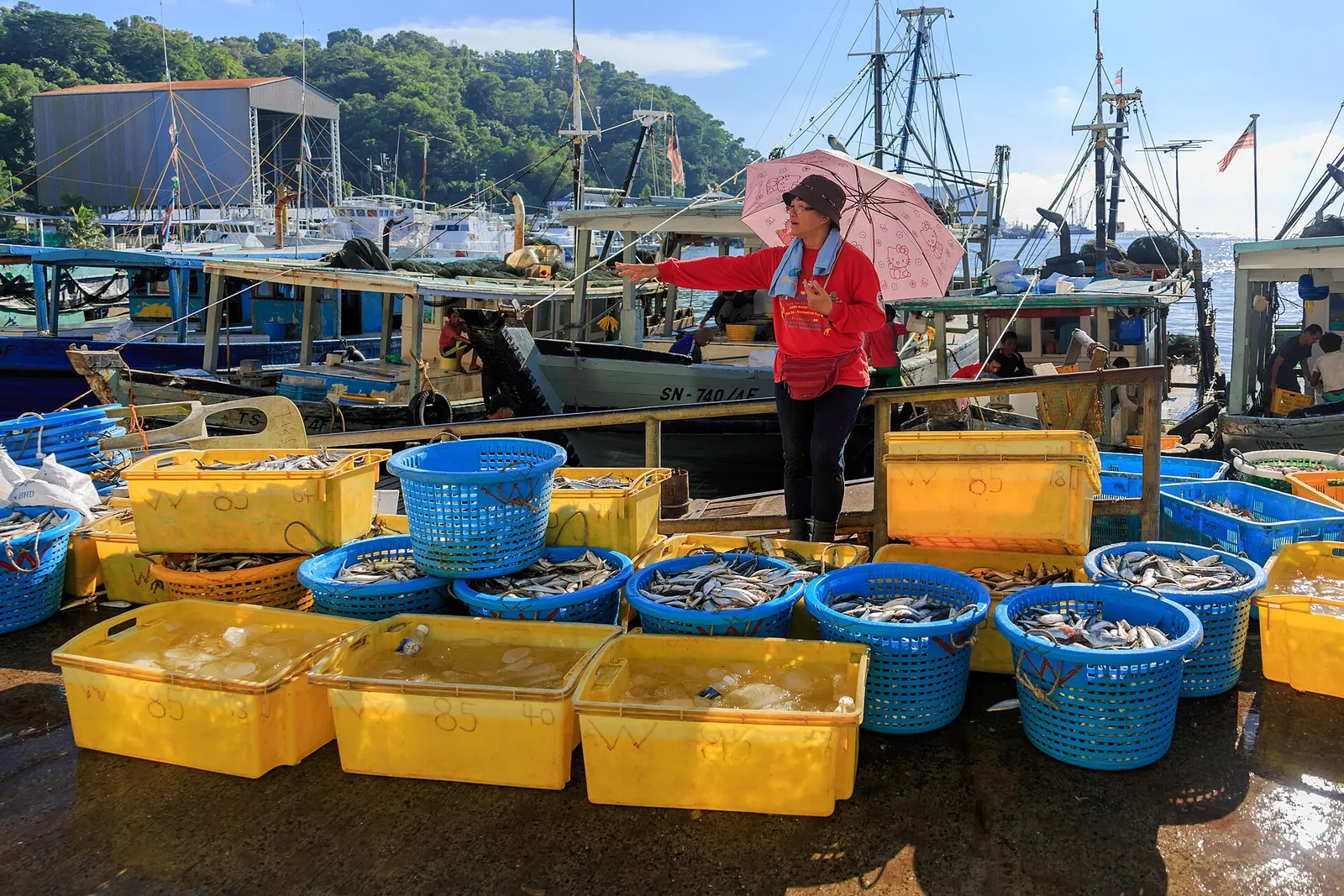 A fish seller beside baskets at Sandakan harbour fish market