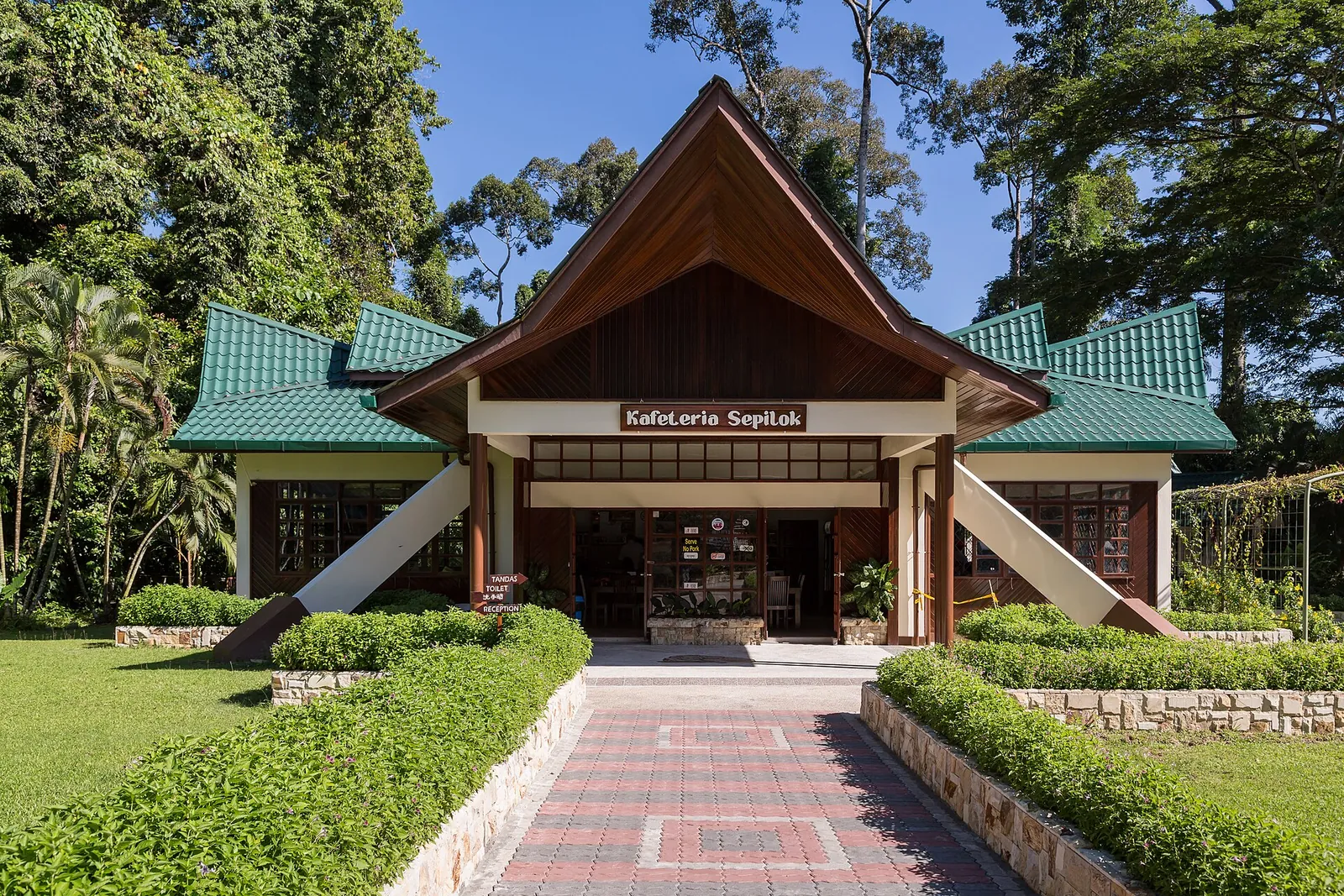 Visitor-centre pavilion and planted grounds at Sepilok Orangutan Rehabilitation Centre