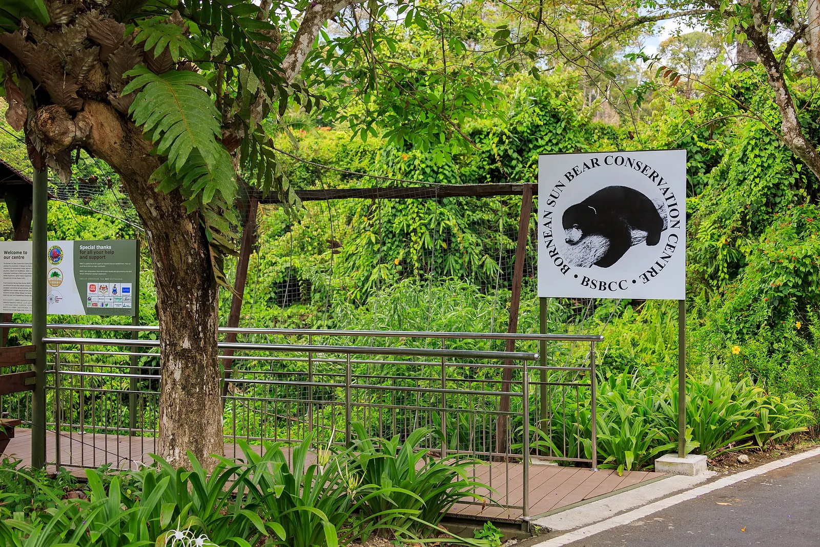 A sun-bear conservation-centre sign beside a tree-lined walkway in Sepilok