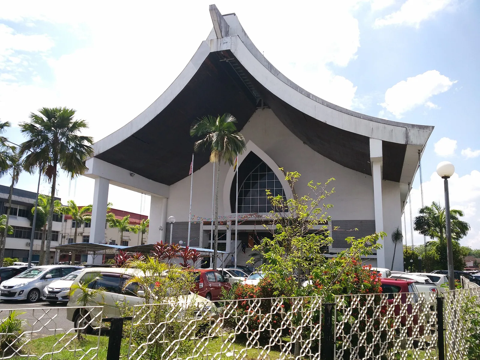 High pitched roof and landscaped entrance of Sibu Civic Centre