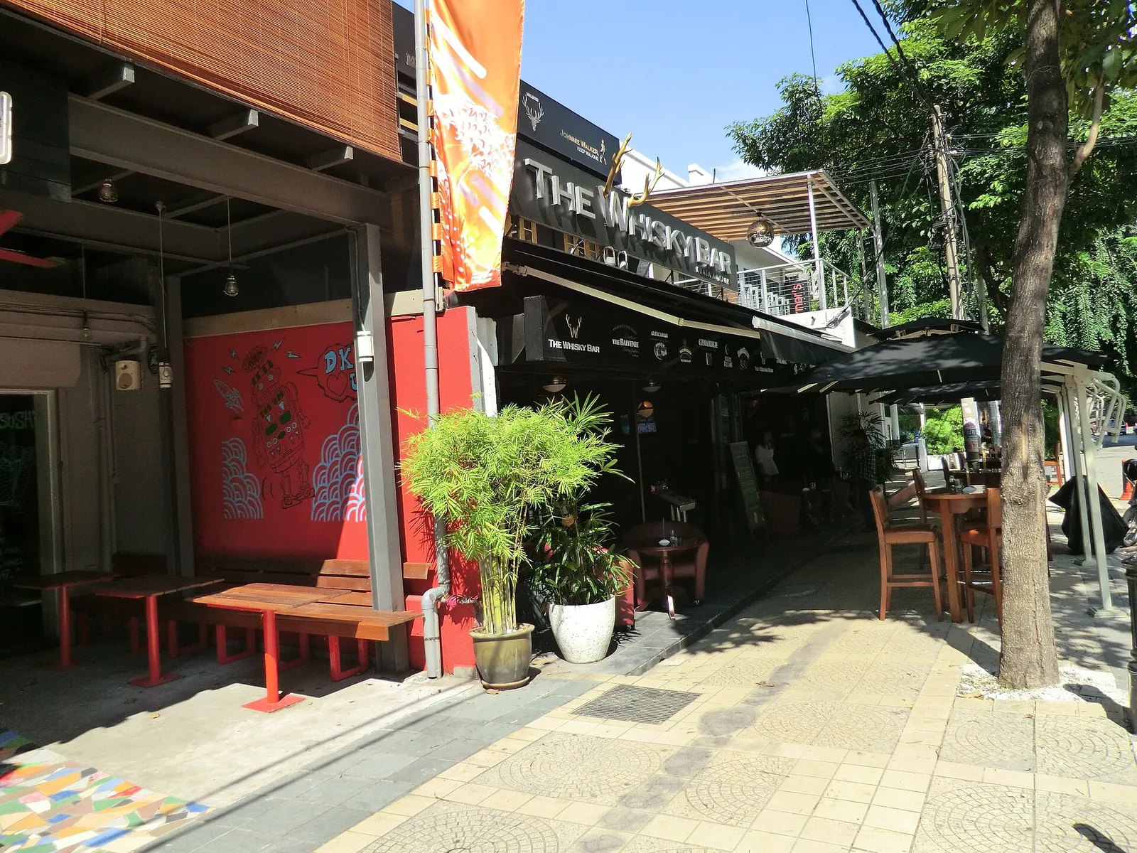 Restaurant frontage and pedestrian walkway in Bukit Bintang, Kuala Lumpur