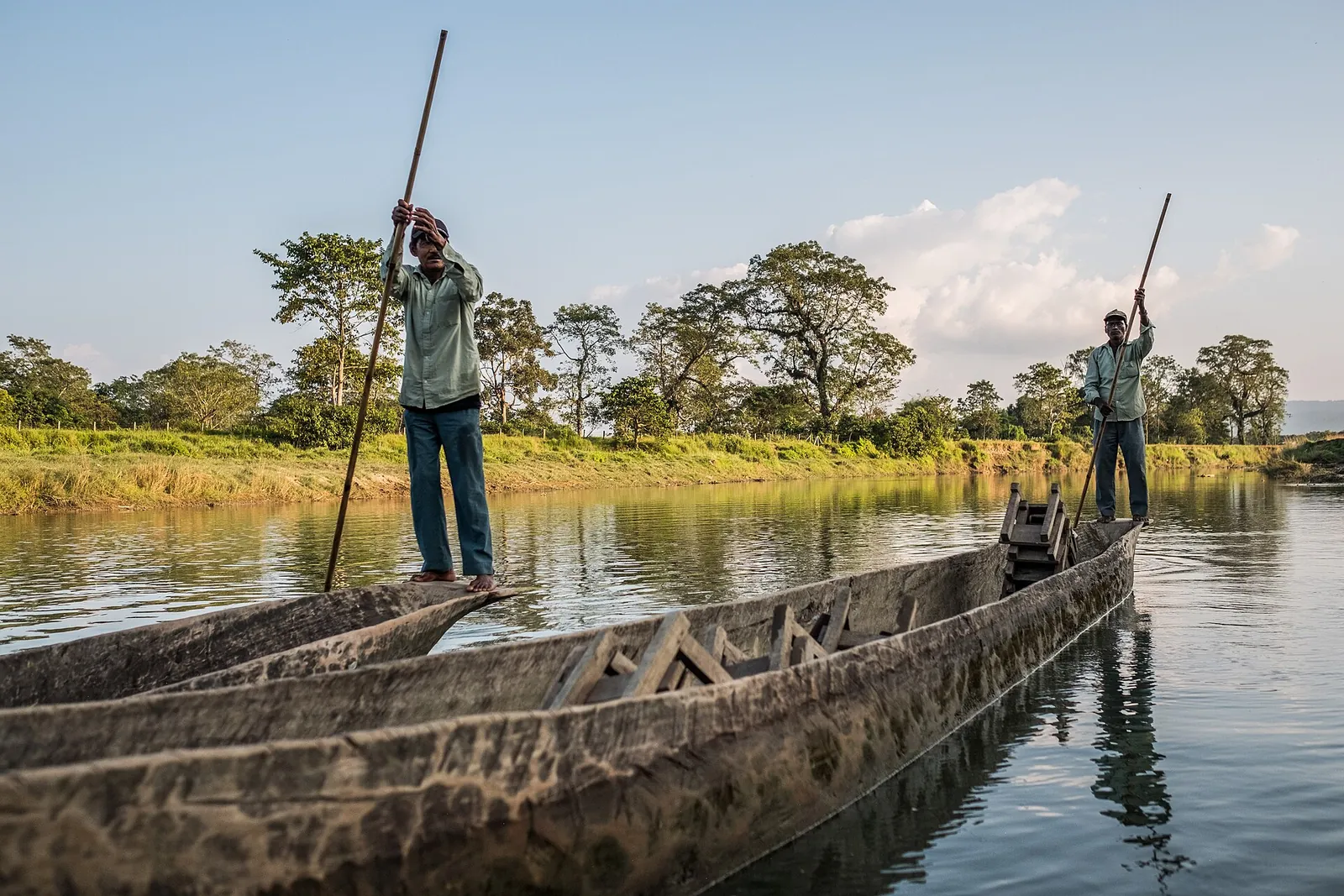 Canoe di legno e barcaioli con pertiche sul fiume Bhude Rapti vicino a Sauraha, con alberi sulla riva opposta