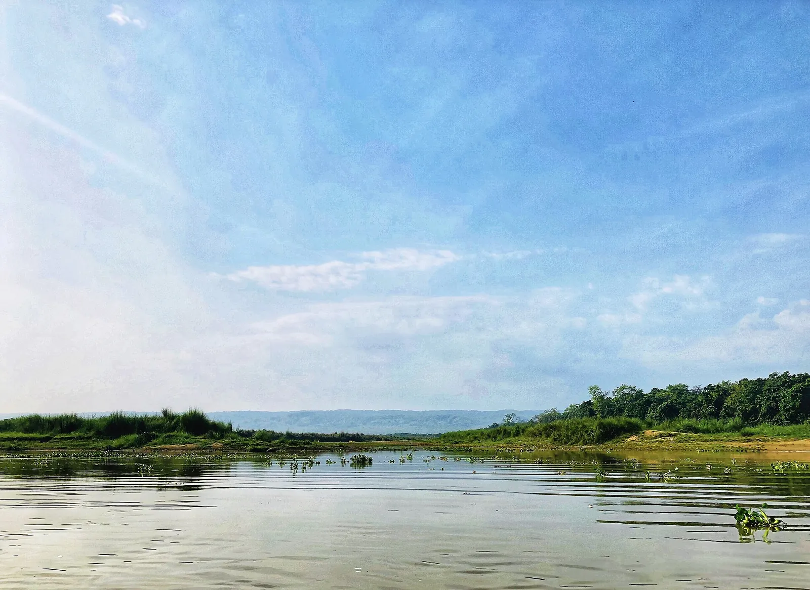 Il fiume Rapti sotto un cielo azzurro, con la foresta sulla riva opposta vicino al Chitwan National Park