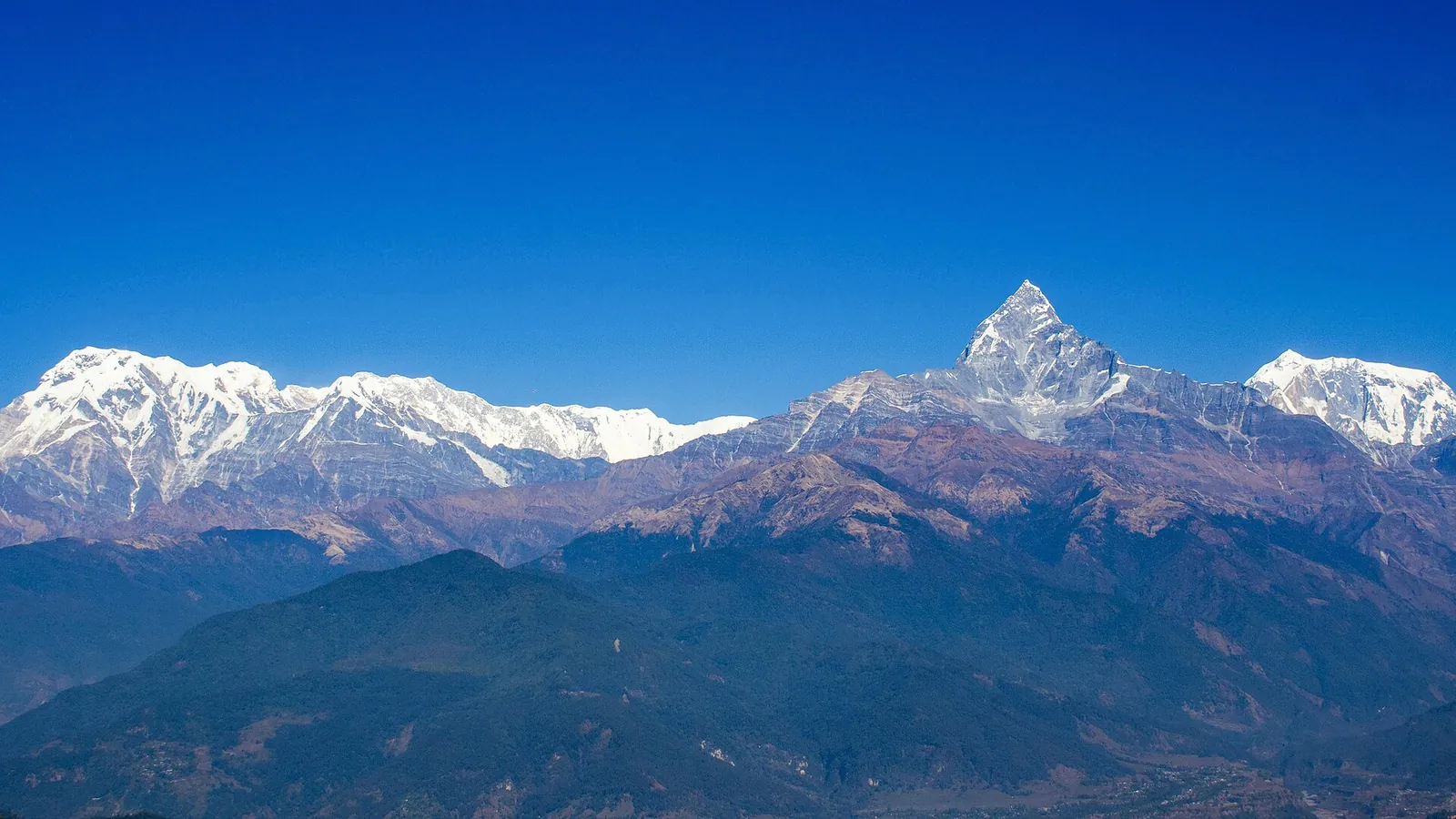 El Annapurna Sur y el Machhapuchhre vistos desde Sarangkot bajo un cielo azul despejado
