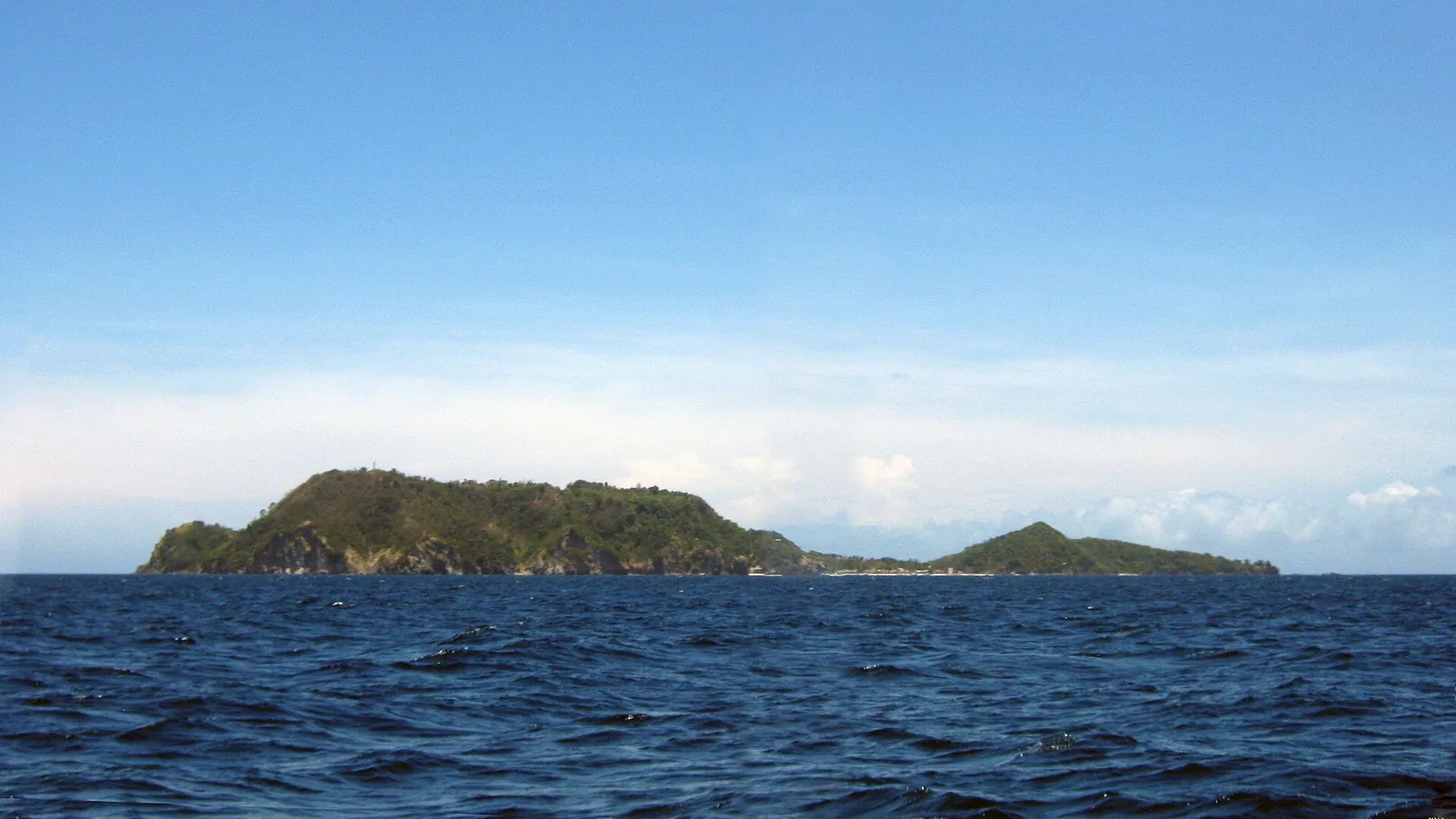 Low forested profile of Apo Island beyond dark-blue open water