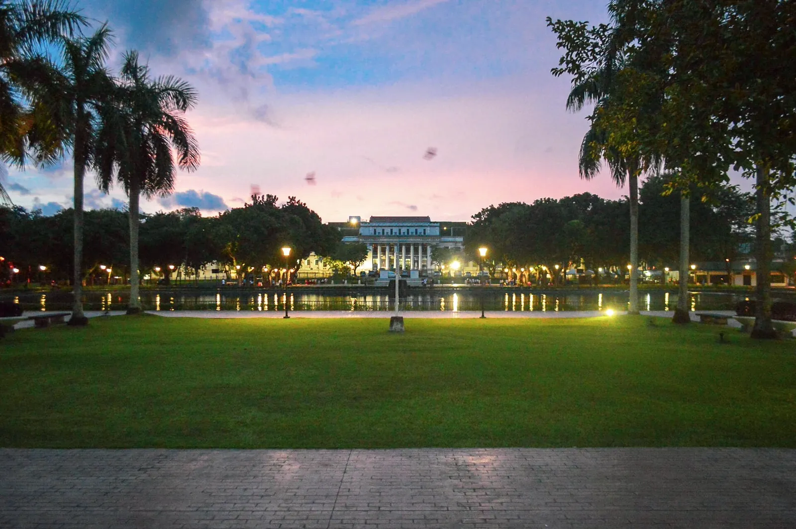 Palms, lagoon and illuminated provincial capitol grounds in Bacolod at dusk