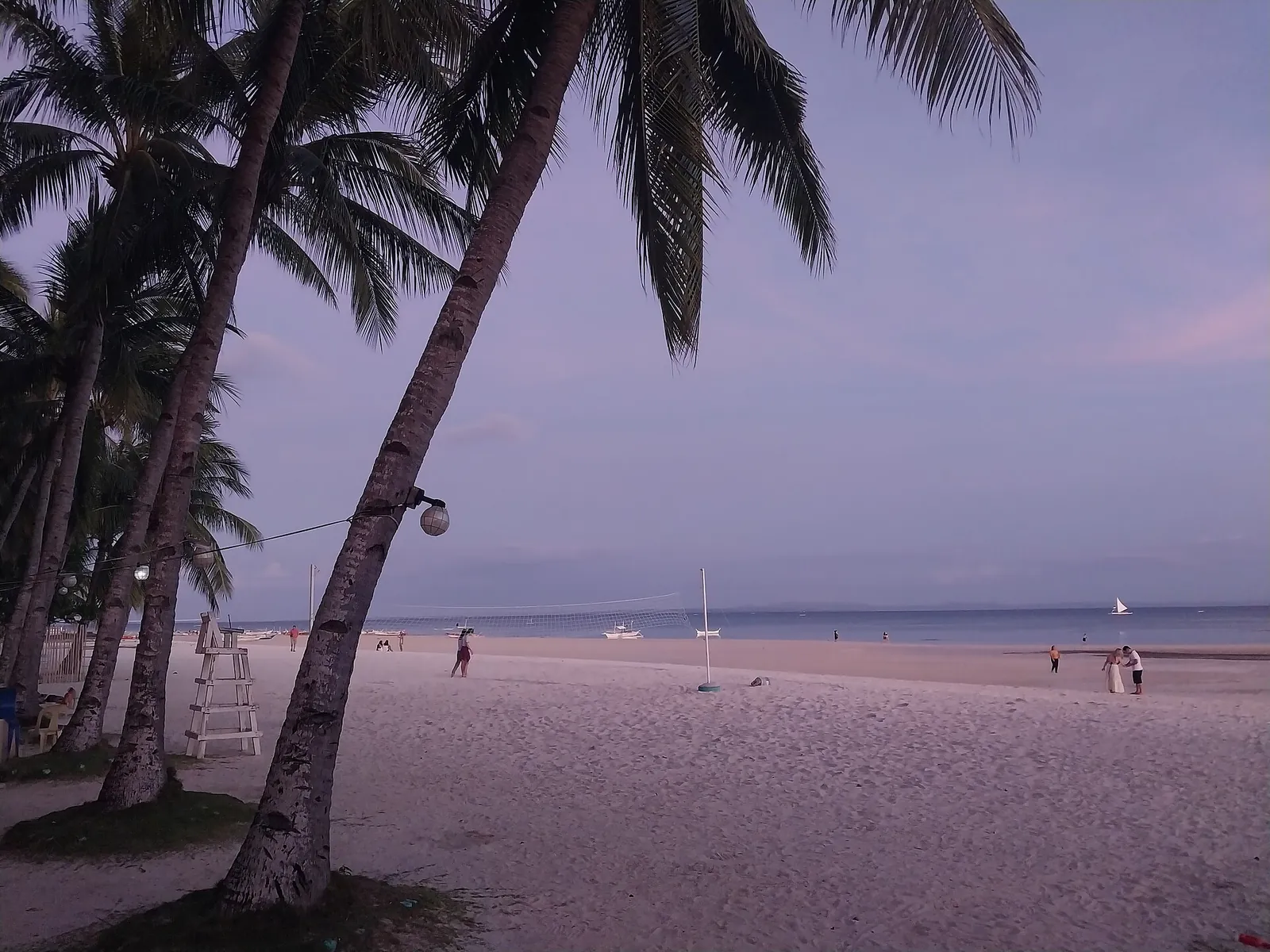 Palm silhouettes above a wide Santa Fe beach in soft evening light