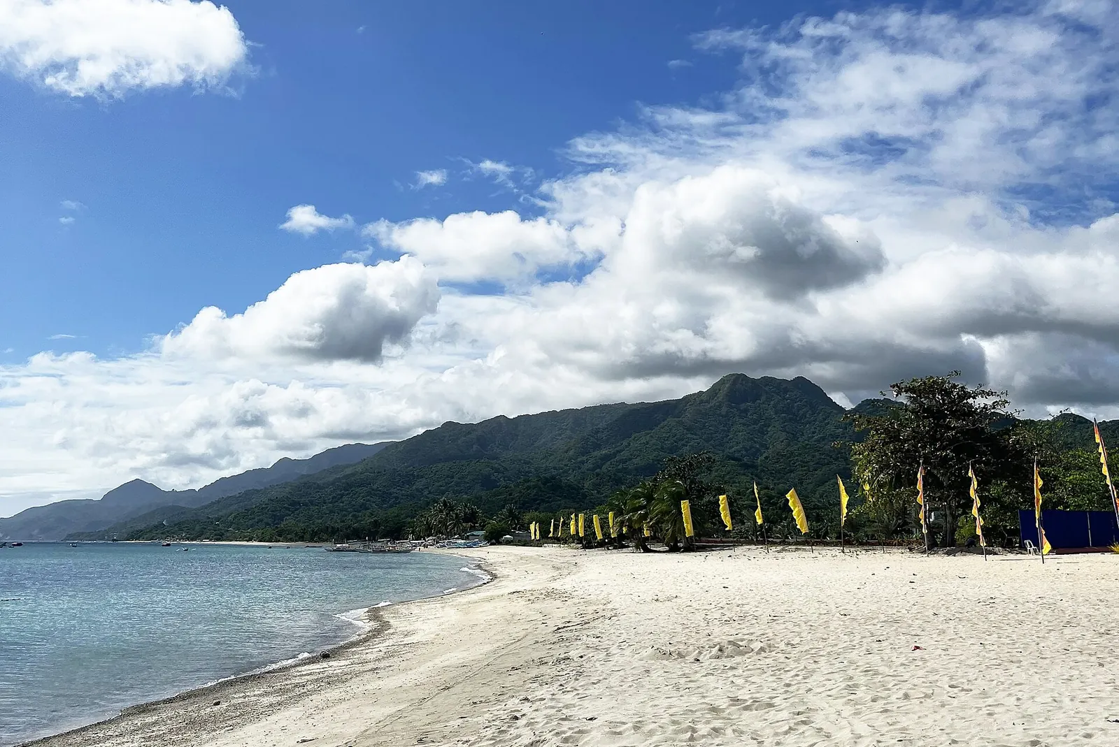 Broad sandy beach below forested hills at Laiya in San Juan, Batangas