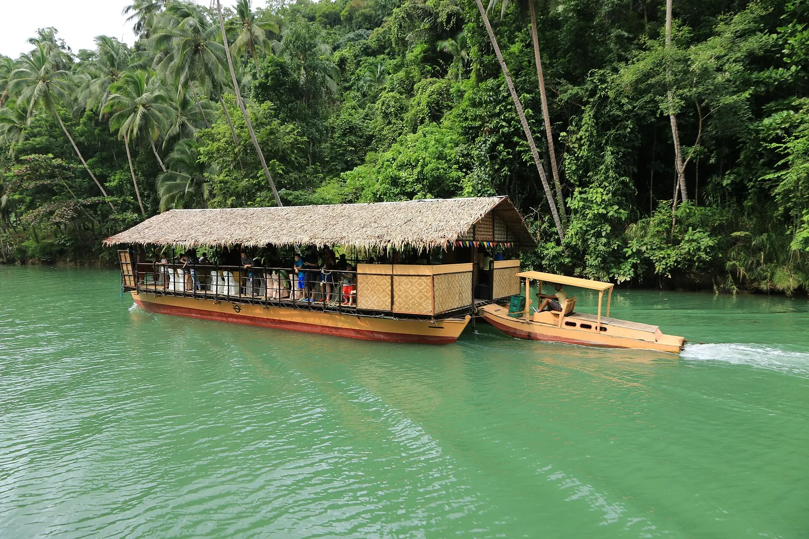 Roofed river-cruise boat on the green Loboc River beside dense palms