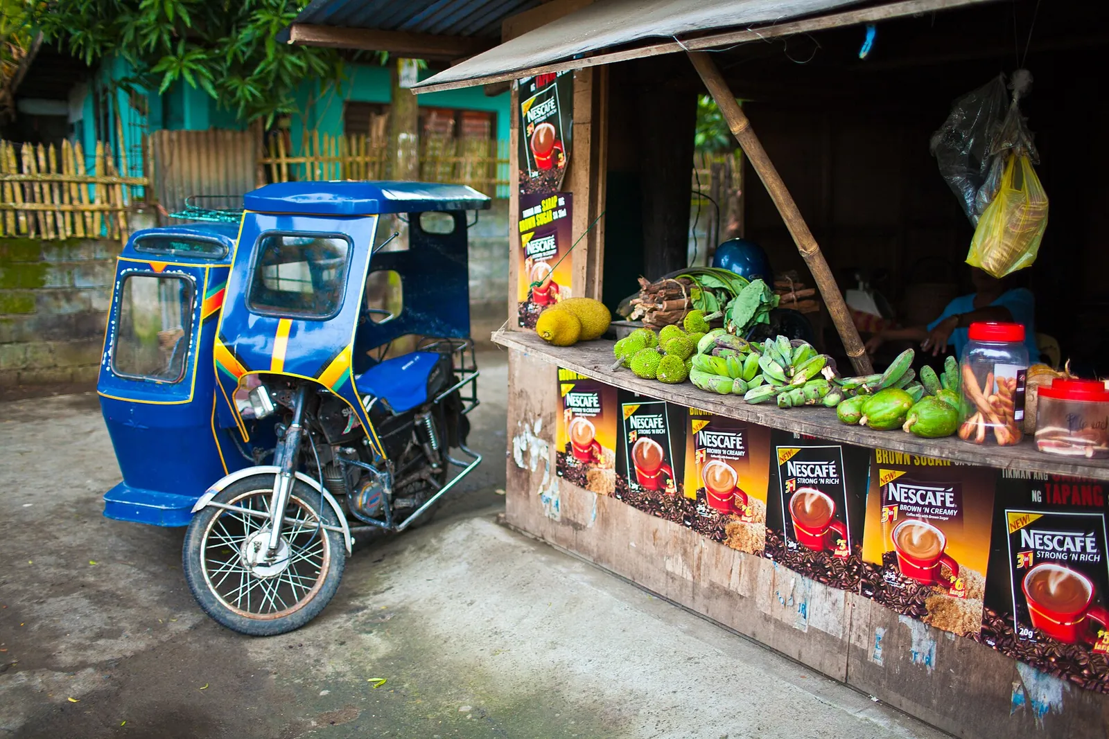 Fruit and vegetables on a roadside stand beside a blue tricycle in Donsol