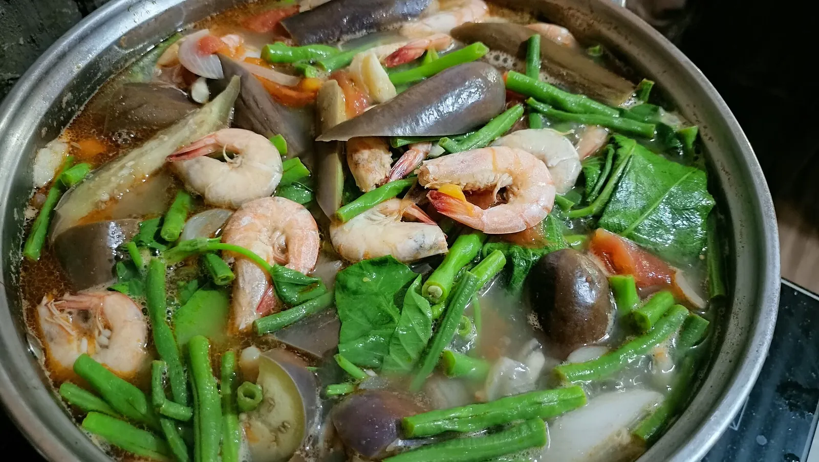 Sinigang with prawns and vegetables photographed in the Philippines