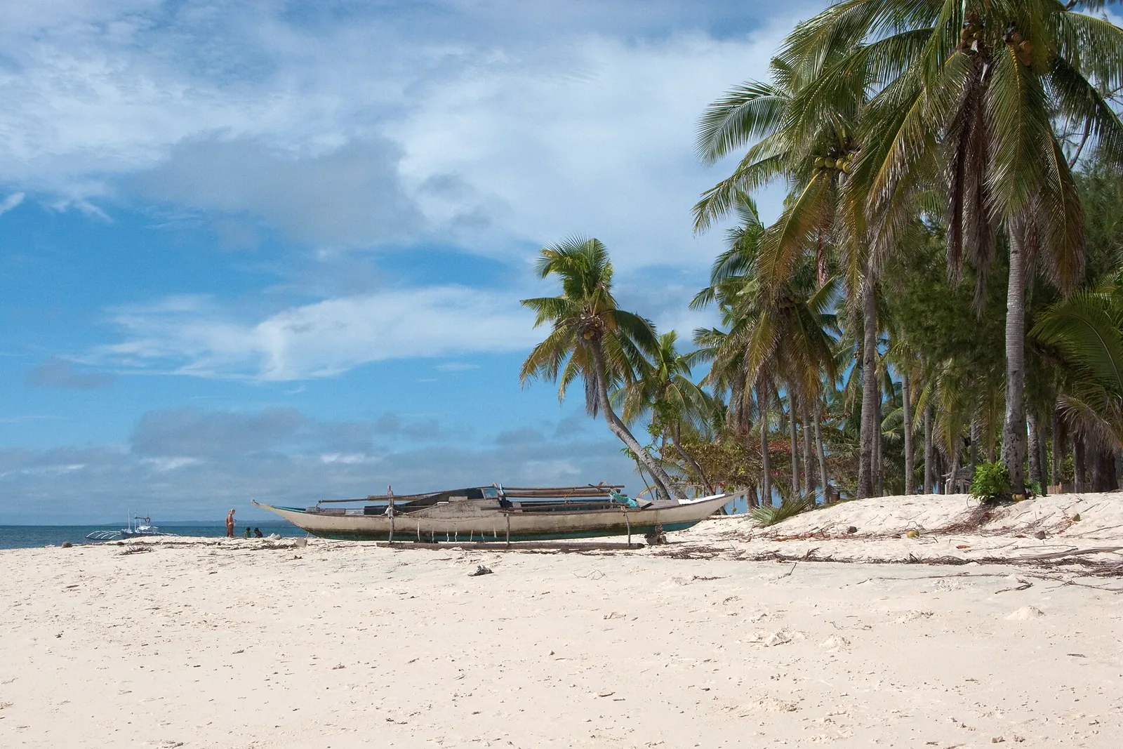 White-sand beach and palms beneath a blue sky on Malapascua Island
