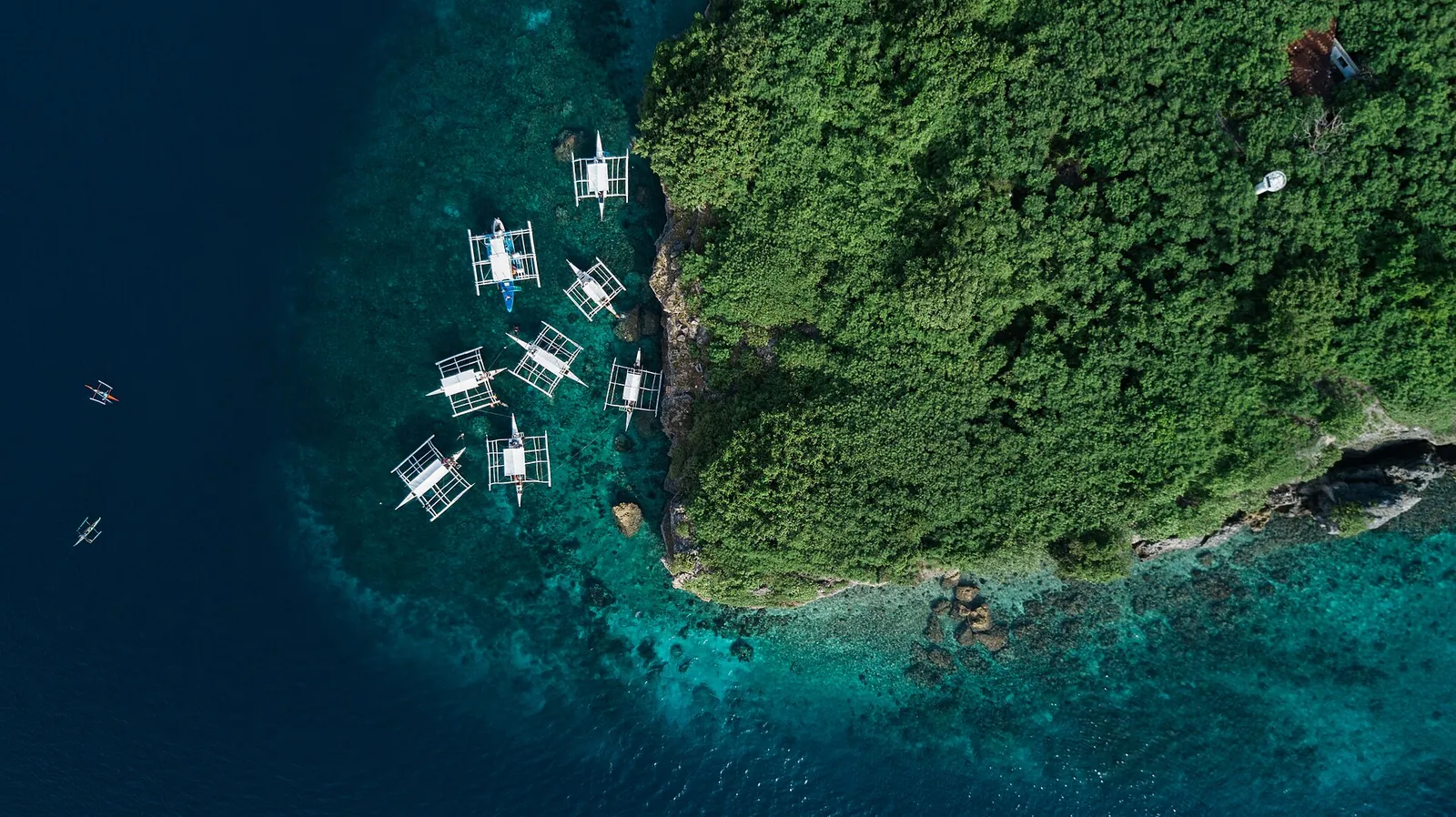 Boats beside a densely wooded Pescador Island surrounded by blue water