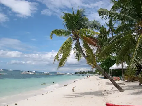 Palm trees leaning over white sand and turquoise water at Alona Beach on Panglao