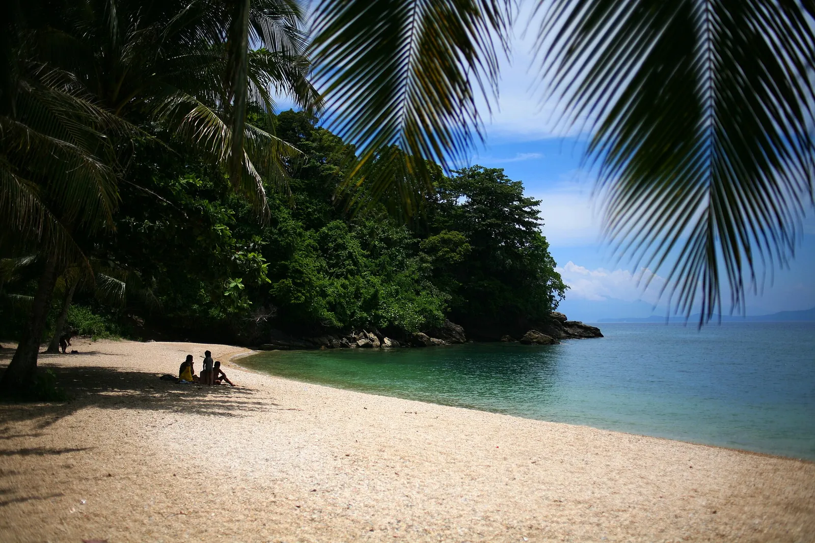 Sandy beach and turquoise water bordered by trees near Puerto Galera