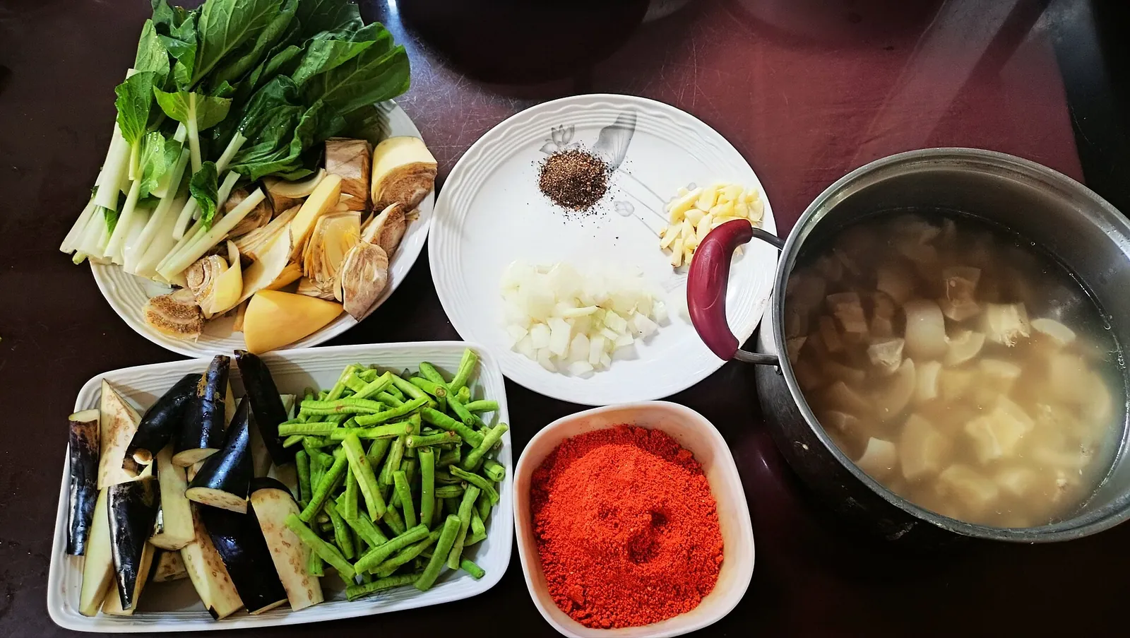 Ingredients for a vegetable kare-kare preparation photographed in the Philippines
