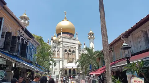 Sultan Mosque viděná podél Bussorah Street za denního světla