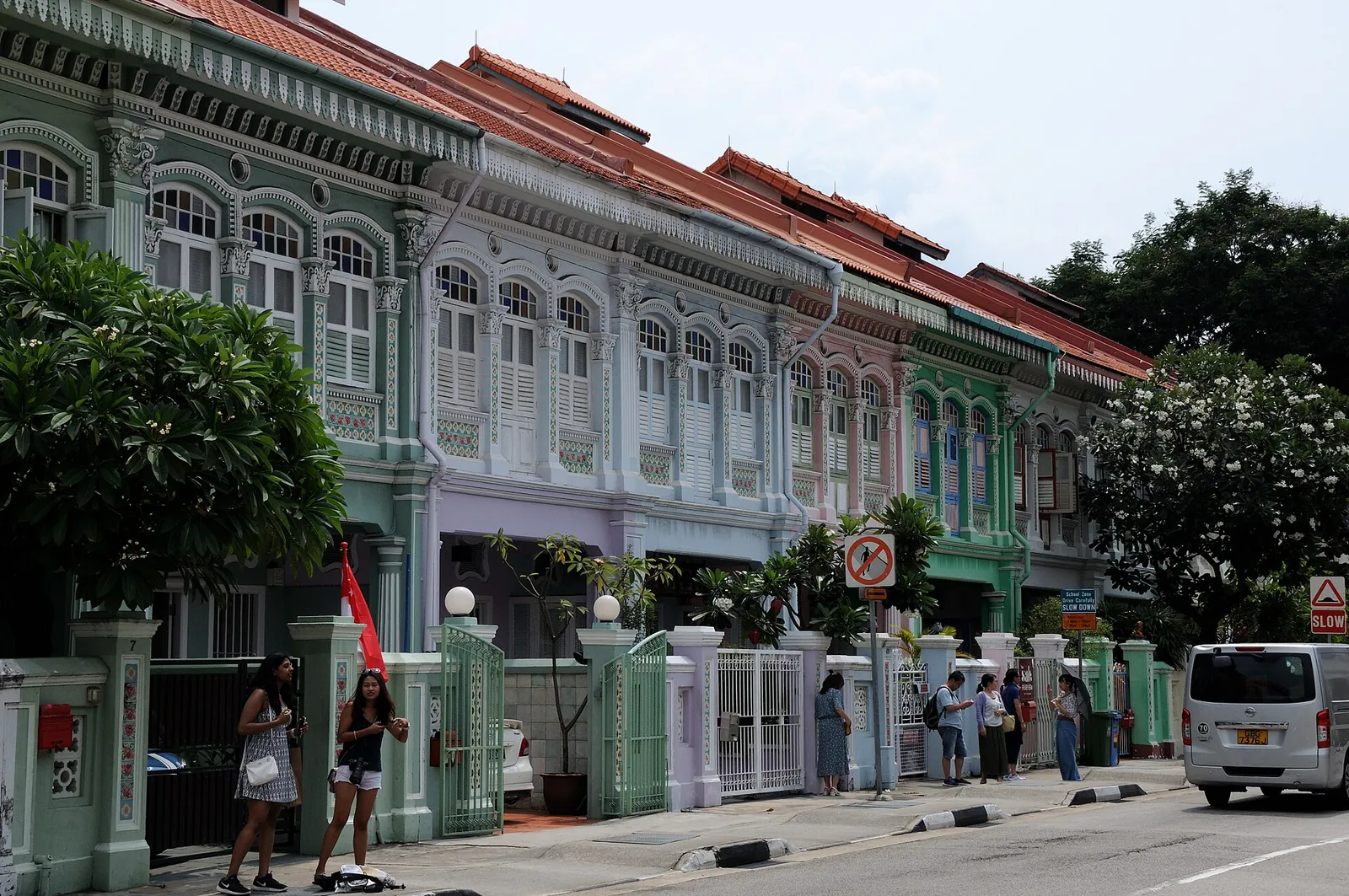 Colourful shophouses with ornate facades along Koon Seng Road