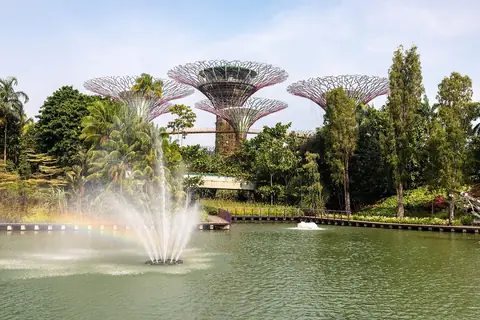 Supertrees e una fontana accanto al lago di Gardens by the Bay