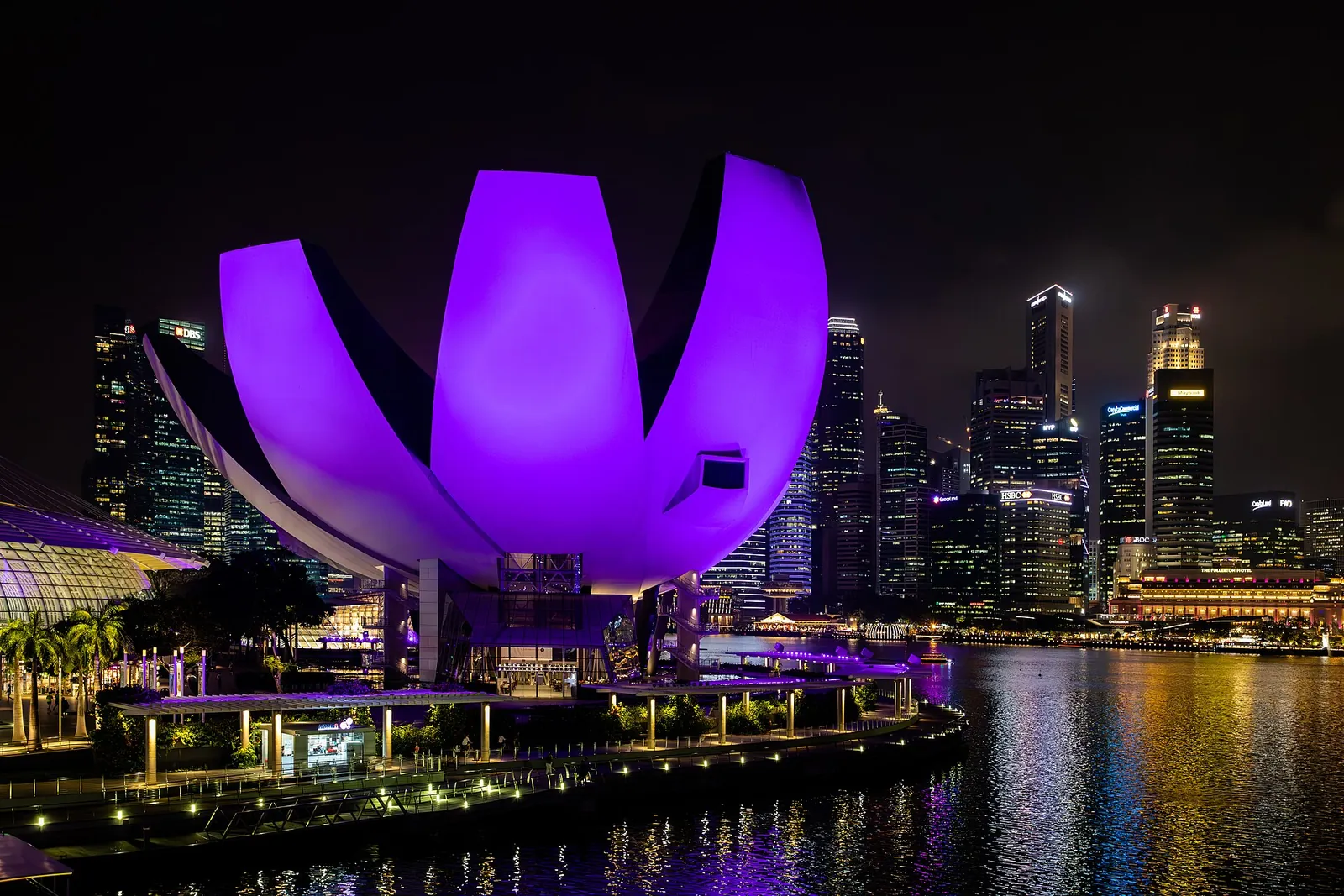 ArtScience Museum nachts violett beleuchtet