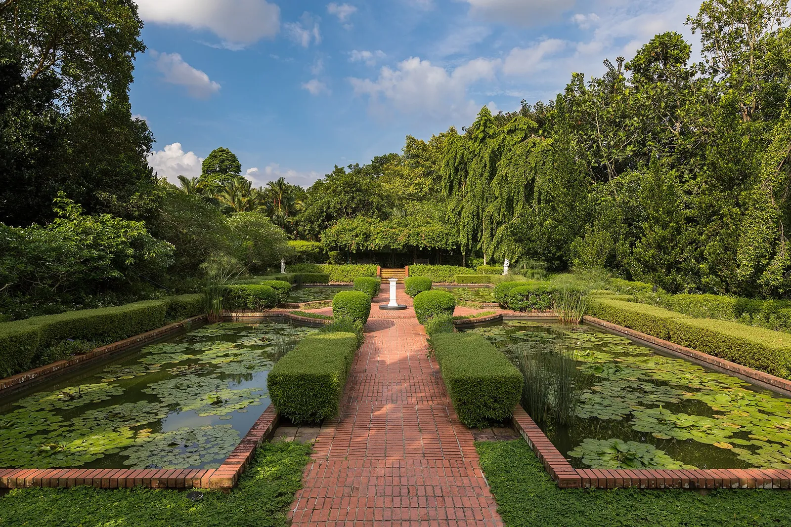 Obsadzone roślinami ścieżki i stawy z liliami wodnymi w Sundial Garden w Singapore Botanic Gardens