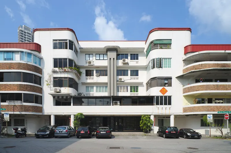 Buet boligfacade ved Moh Guan Terrace i Tiong Bahru