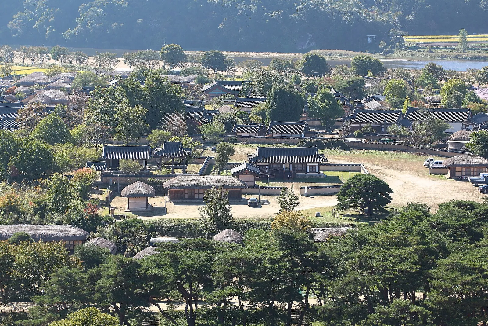 Tiled and thatched roofs of Hahoe Village among trees, seen from above with fields and hills beyond