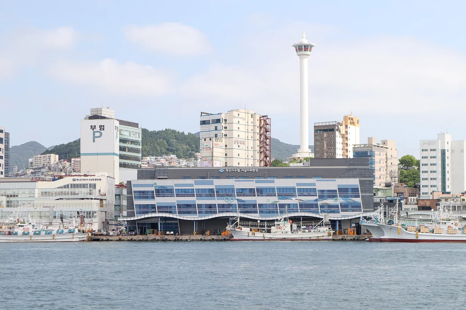 Jagalchi Market's waterfront building on Busan's harbour with Busan Tower on the hill behind