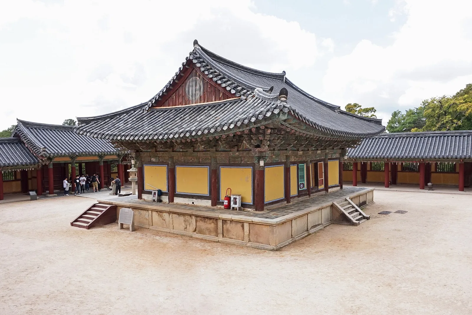 Daeungjeon, the main hall of Bulguksa Temple in Gyeongju, with its curved tiled roof above a sandy courtyard