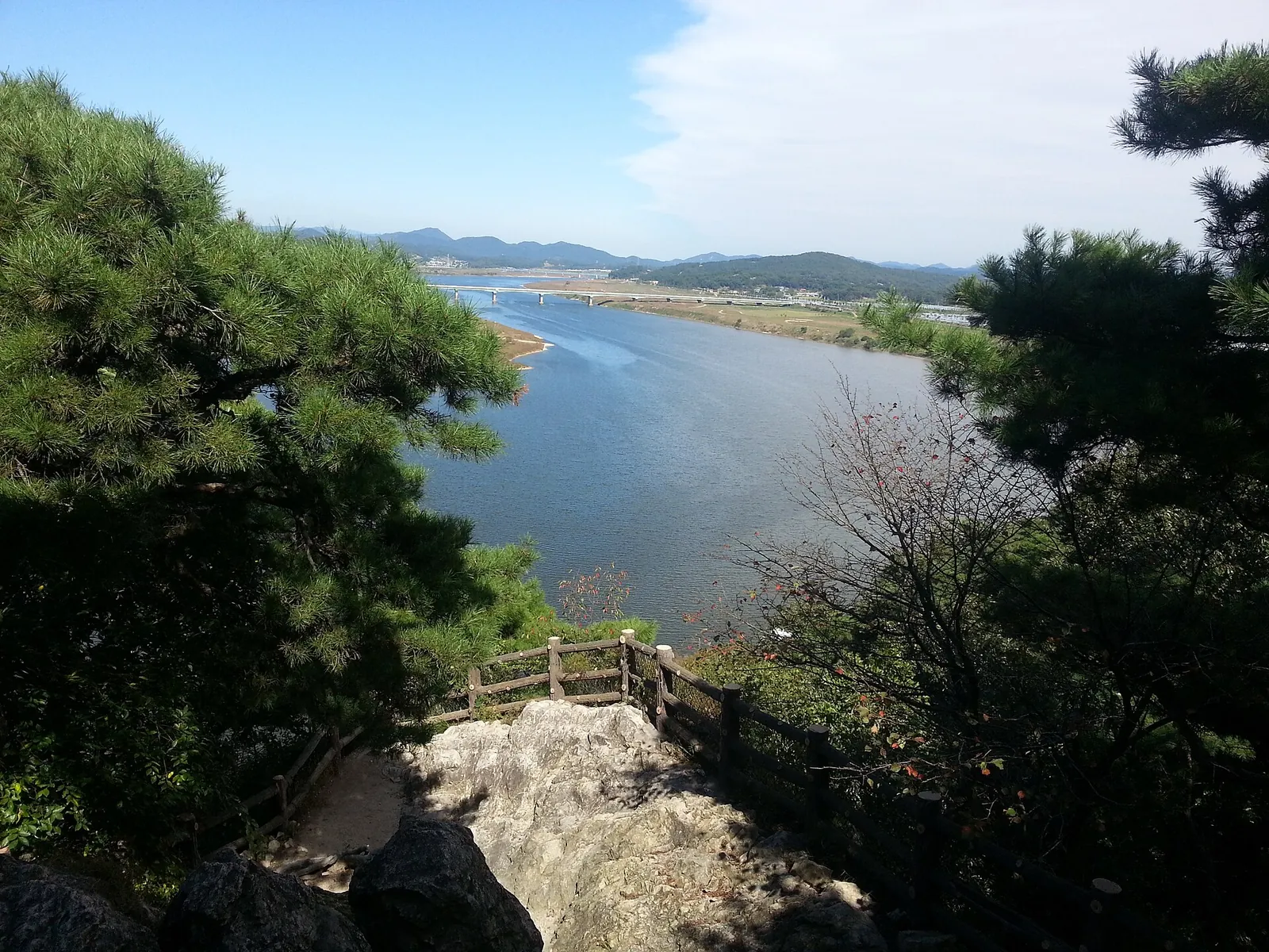 View from Nakhwaam Rock over pine trees to the wide Baengmagang River below Busosan in Buyeo